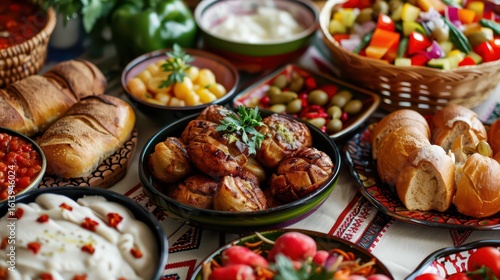 Fototapeta Naklejka Na Ścianę i Meble -  Traditional bulgarian feast celebrating independence day with rich cultural cuisine. Traditional bulgarian food. Horizontal banner. Bulgaria Independence Day