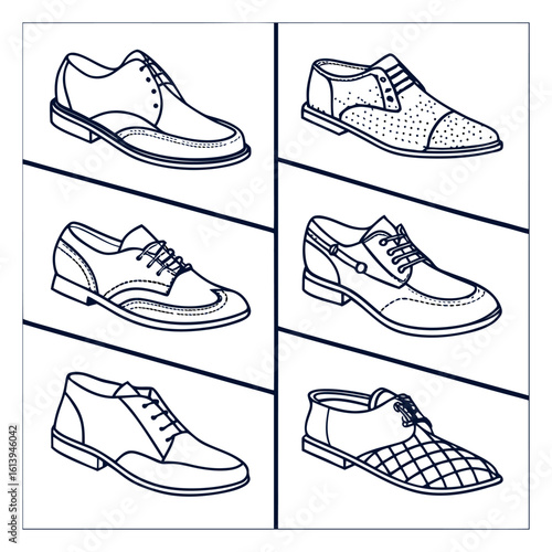 Collection of six different styles of men s dress shoes isolated on white background