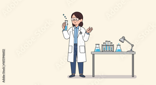 Female Scientist Holding Test Tube Vector Illustration