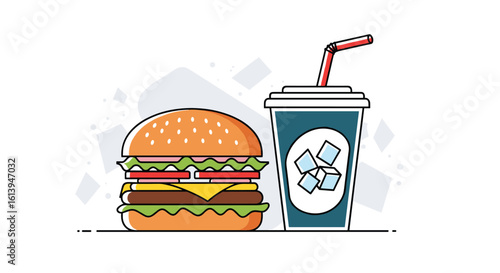 Classic beef burger and refreshing cold beverage with ice cubes and straw enjoyable meal combo delightful treat