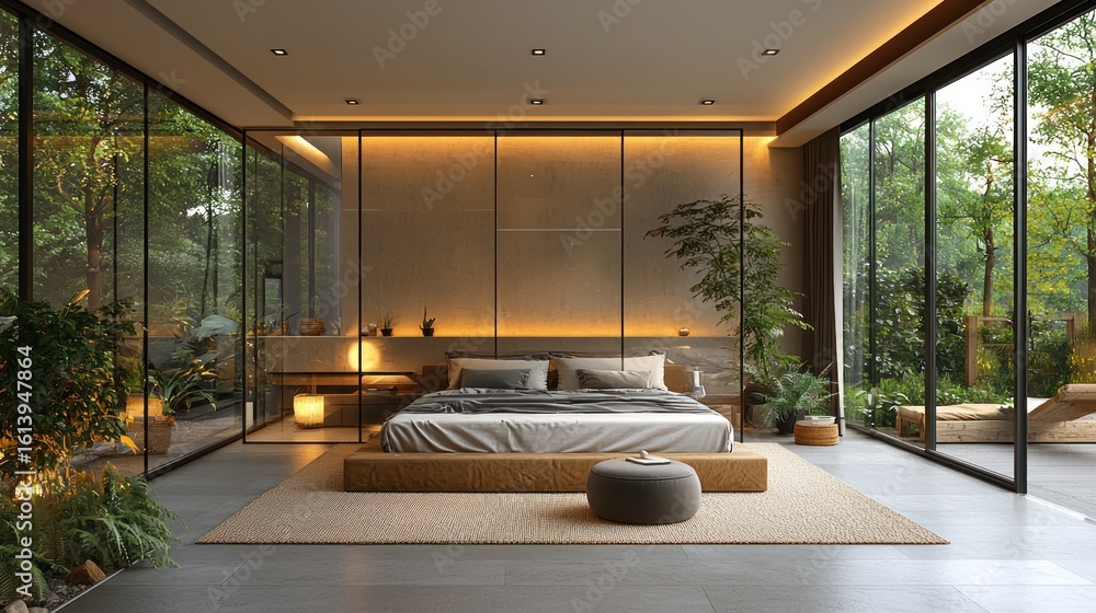Fototapeta premium Serene Modern Bedroom Design with Nature Views