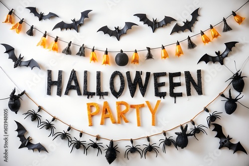 Festive Halloween party decorations with bats and spiders.
