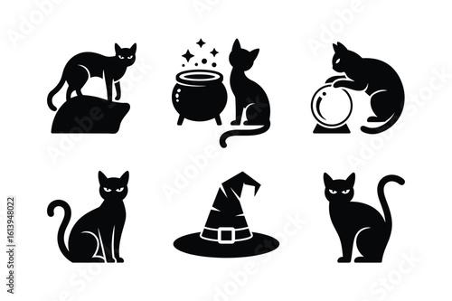 Black cat silhouettes with witch hat and cauldron crystal ball