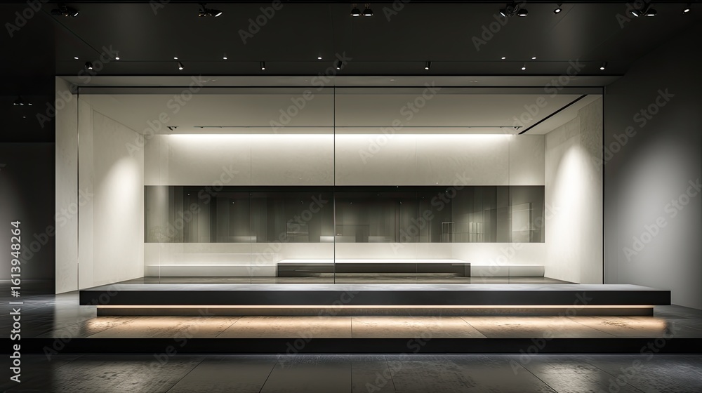 Empty modern store front, illuminated by ambient light. Clean, minimalist design. Glass display showcases, muted colors Empty modern store front, illuminated by ambient light. Clean, minimalist design. Glass display showcases, muted colors