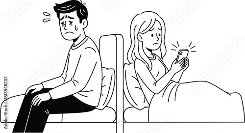 Exploring relationship problems: couple in bed with phone, communication issues concept vector