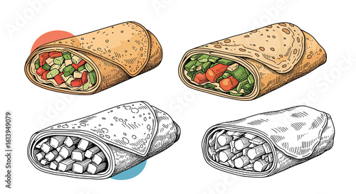 Four delicious wraps filled with fresh ingredients showcasing vibrant colors and textures for culinary inspiration