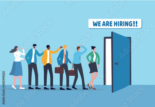 Hiring opportunity, apply new job, career candidate, interview applicant or employment, job seeker or talent search, diversity concept, business people applicant wait at hiring company office.