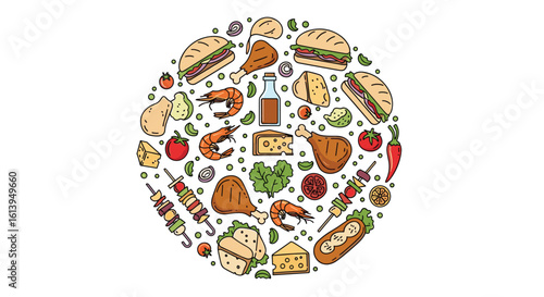 A colorful circular arrangement of various delicious fast food dishes and ingredients evokes a sense of culinary variety
