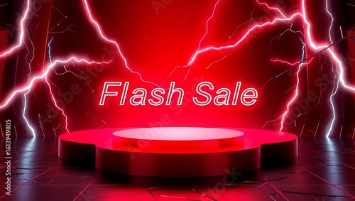 Dramatic red flash sale stage with lightning background