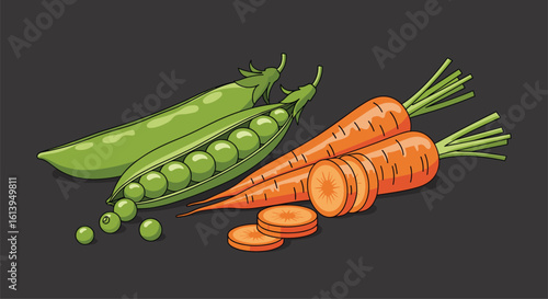 Freshly harvested organic carrots and sweet garden peas ready for healthy eating and delicious culinary creations