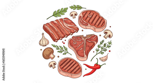 Delicious selection of grilled beef steaks and savory ingredients arranged in a circular composition