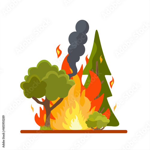 Flat Vector icon of Trees fire with blazing flames, thick black smok , burning trees. Symbolizes ecological disaster, danger of forest fires in summer, climate change, deforestation problems