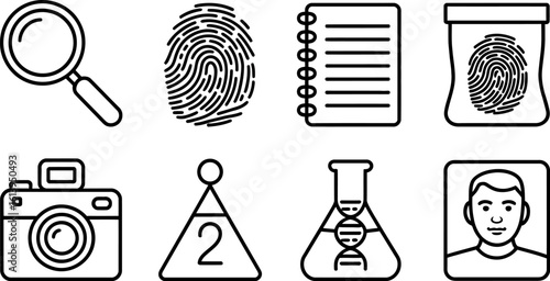 Crime scene investigation icons magnifying glass fingerprint DNA evidence camera