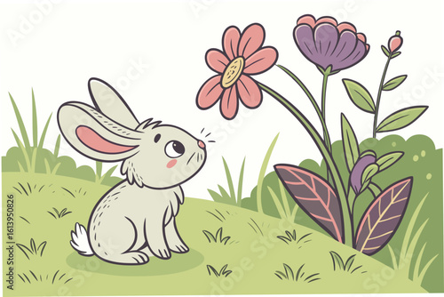 Little rabbit smelling a flower in the garden