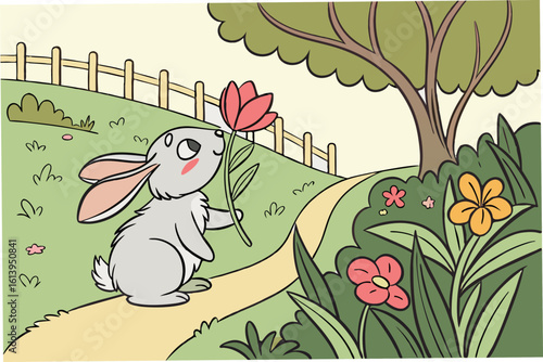 Little rabbit smelling a flower in the garden