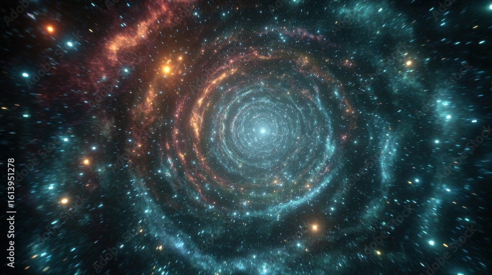 Obraz premium Cosmic spiral galaxy with vibrant colors and swirling stars, creating a mesmerizing visual effect, representing the vastness and beauty of the universe in a stunning cosmic scene