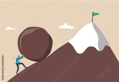 Perseverance, grit or persistence to push effort to success, resilience and strength to keep pushing and achieve goal and success concept, ambitious businessman pushing heavy boulder to mountain peak.