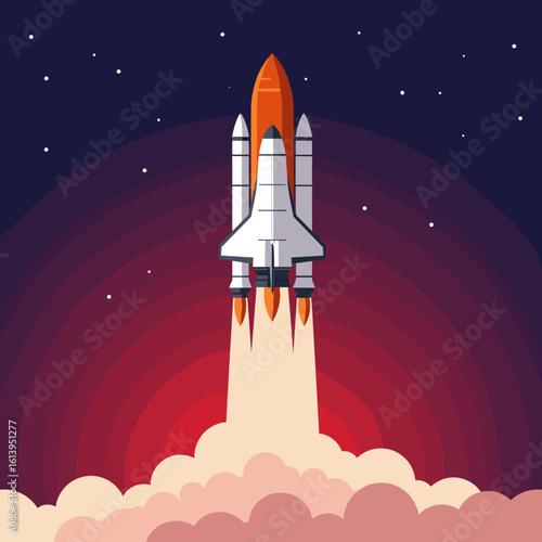 Rocket launching into sky in bold flat vector style, science theme, notebook cover