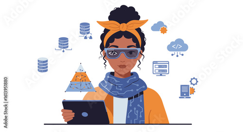 Female data analyst working with cloud computing and server databases for IT solutions