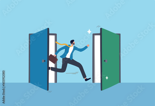 Change job, career transition or move to new opportunity, employee turnover, resignation or leave company, new job, employment, recruitment concept, businessman leave open door to new opportunity.