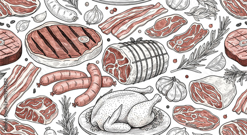 A vintage illustration of assorted grilled meats and poultry with herbs and spices scattered across the composition