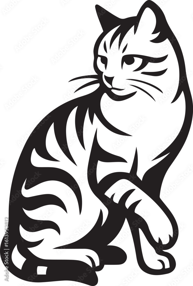 Fototapeta premium Black and white graphic design of a sitting cat silhouette