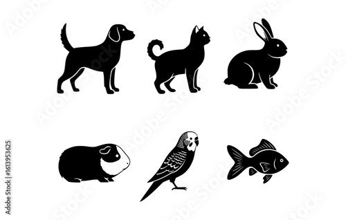 Various pet silhouettes in a simple black and white style, suitable for design projects. Including dog, cat, rabbit, guinea pig, parakeet, goldfish.