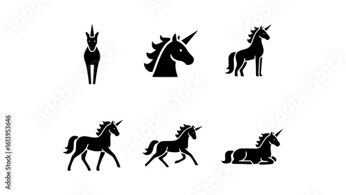 A series of black unicorn silhouettes in various poses