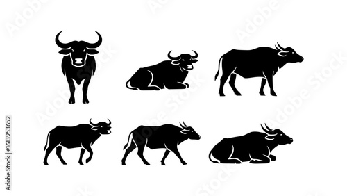 Silhouette of six water buffaloes in various poses, showcasing the animal's form and structure