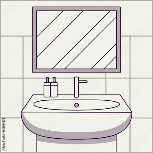 Modern bathroom sink with mirror in tiled interior