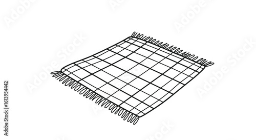 A simple line drawing of a woven textile with a plaid pattern and fringed edges