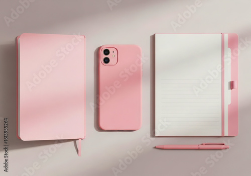 Pastel pink branding mockup with phone case and notebook