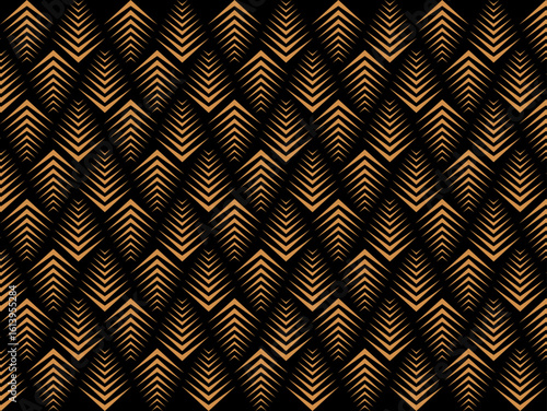 Art Deco Pattern. Gold black texture. Fan or palm leaf shape. Vector illustration.