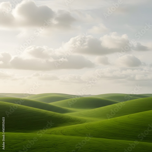  Rolling green hills under a cloudy sky, soft lighting 