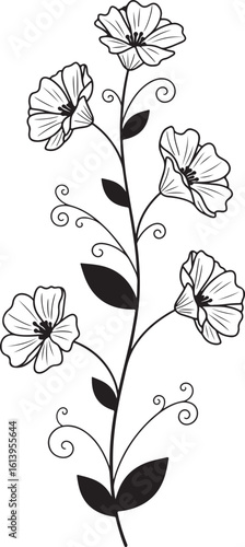Elegant black and white floral vine illustration with outlined blossoms solid leaves and decorative curly tendrils