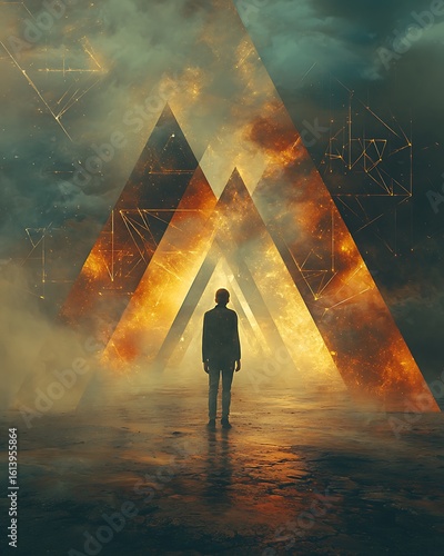 A person stands in a landscape of glowing pyramids