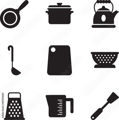 A collection of nine black silhouette kitchen utensil icons including a pan pot kettle ladle and grater in a simple glyph style