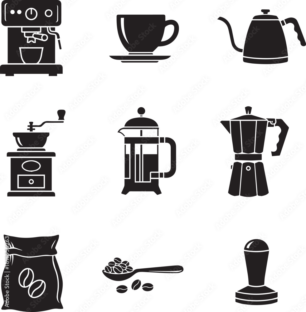 Set of black coffee brewing icons including espresso machine moka pot grinder and French press silhouettes Set of black coffee brewing icons including espresso machine moka pot grinder and French press silhouettes