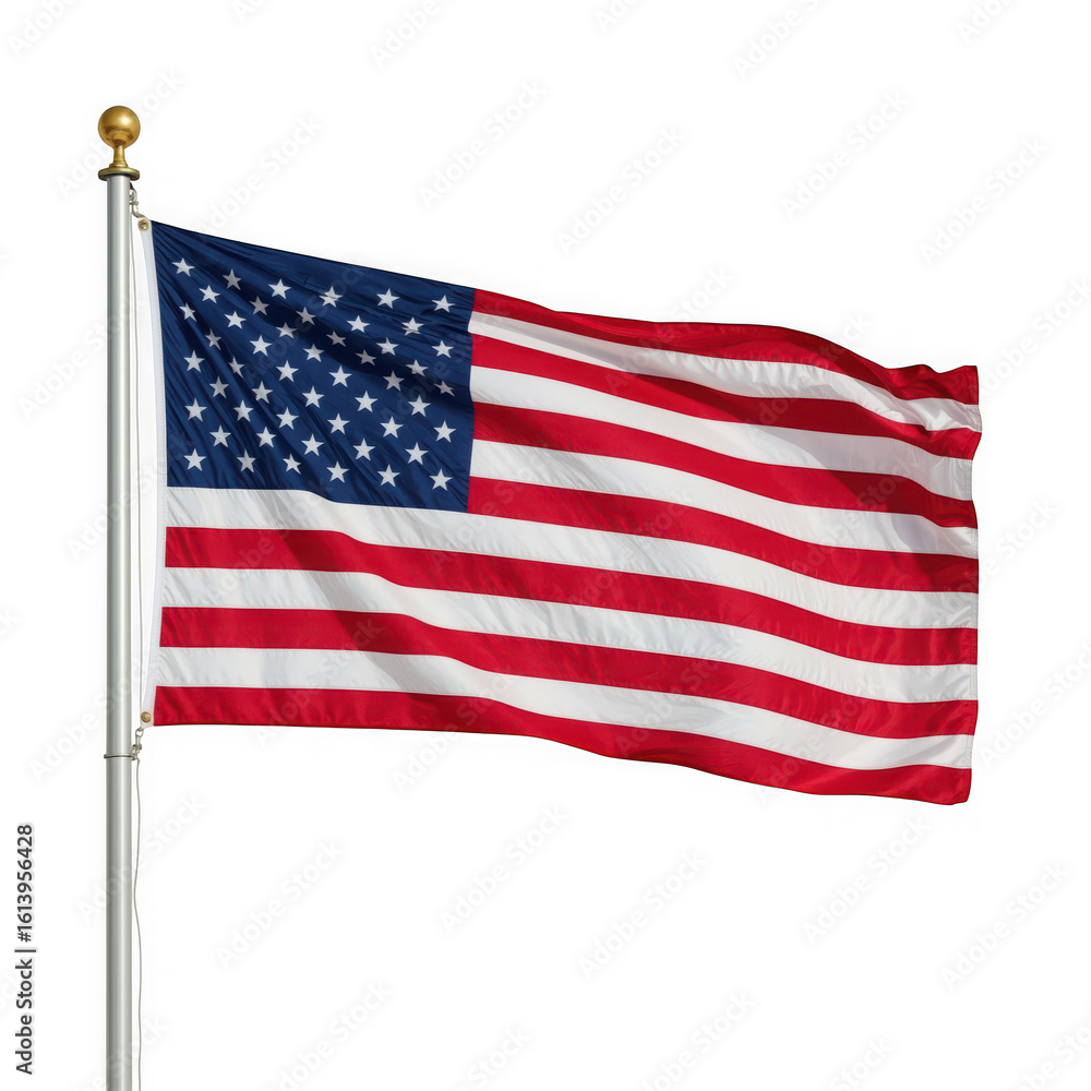 Fototapeta premium A single american flag waves majestically on a pole against a stark transparent background, representing the united states