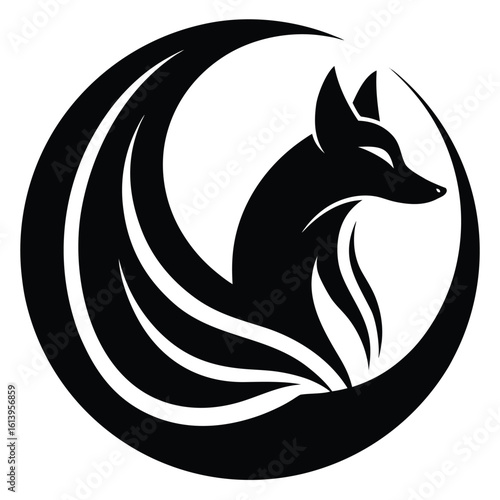 Elegant black fox silhouette within a crescent moon design for logos and branding