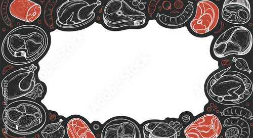 An illustrated border of various meats and meat products creating a decorative frame for text or images