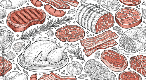 A diverse assortment of premium meat cuts displayed in an artistic sketchy style with subtle red hues evoking flavor and quality