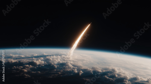 Missile launch rising through the clouds into space from Earth. Nuclear war threat and global defense alert