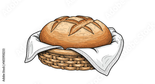 Deliciously crafted golden brown crusty round loaf of artisan bread nestled comfortably in a woven basket lined with a white cloth