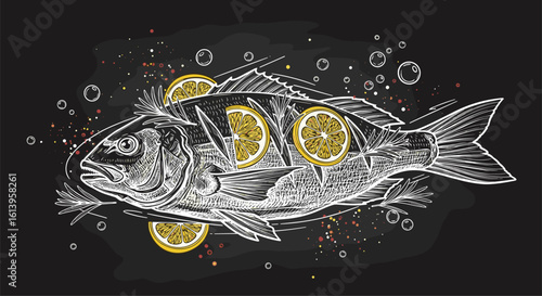 Deliciously prepared whole fish with sliced citrus fruits and bubbles on a dark background