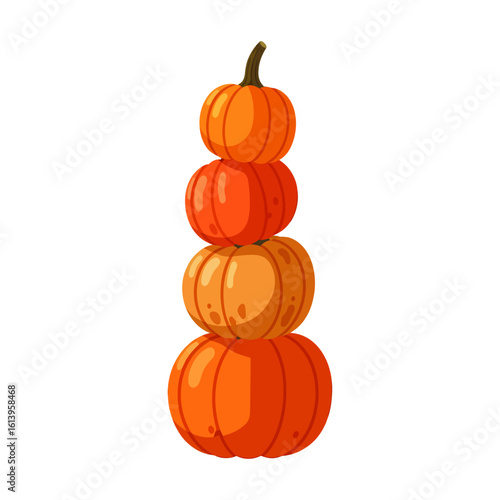Cartoon vector illustration showing a stack of orange pumpkins forming a tower for fall harvest decoration, with a simple design and vibrant colors making it infinitely scalable for various commercial