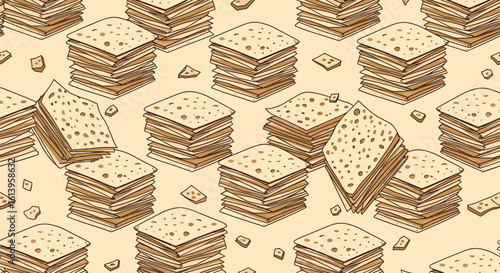 Abstract isometric illustration of stacked square paper documents with small scattered pieces in a warm textured background