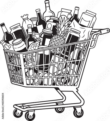 A detailed black and white line art illustration of a shopping cart completely full of various groceries including bottles jars a pineapple and cartons