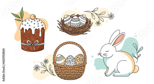 A festive collection of easter symbols including a decorated cake a woven basket filled with eggs a nest with chicks and a cute bunny rabbit celebrating springtime