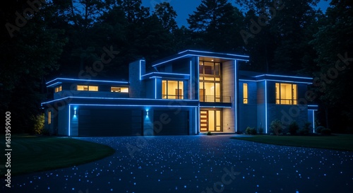 Luminous Modern Architecture: Blue Neon Lines and a Glowing Starry Driveway